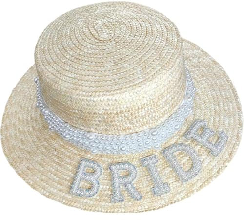 Muteitt Sombrero para Novia, Perlas con Letras, Sombrero De Paja para Novia, Gorro Plano a Prueba De Tejido a Mano, Gorro para Vacaciones En Playa, Sombrero para De Paja para Boda