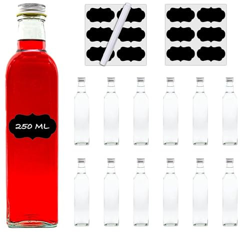 casavetro MAR Lot de 12 bouteilles en verre vides de 250 ml avec étiquettes pour jus, liqueur, eau-de-vie, huile à remplir soi-même (12 x 250 ml)