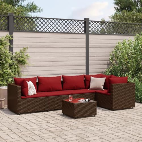 Homgoday 6-TLG. Garten-Lounge-Set mit Kissen Balkonmöbel Gartenlounge Gartensofa Balkon Lounge Sofa Ecksofa Garten Sitzgruppe Gartenmöbel Set Braun und Rot Poly Rattan
