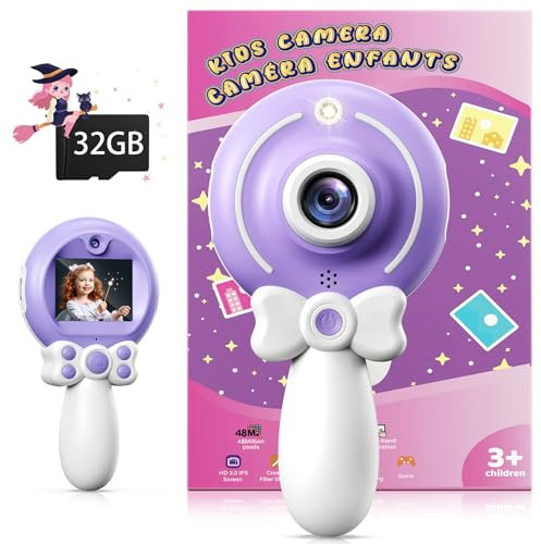 TEKFUN Kinderkamera für Mädchen 3-9 Jahre, Magischer Zauberstab mit Schleife – 1080P HD Selfie-Videokamera mit 32GB SD-Karte Weihnachten & Geburtstag (Violett)