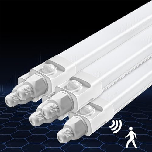 DXLIGHTING 5 Stück LED Feuchtraumleuchte 120cm, mit Bewegungsmelder, 36W 3600LM Röhrenlampe, 4000K Neutralweiß Wannenleuchte, IP65 Kellerlampe, Verknüpfbar Feuchtraumlampe für Büro Treppe Garage