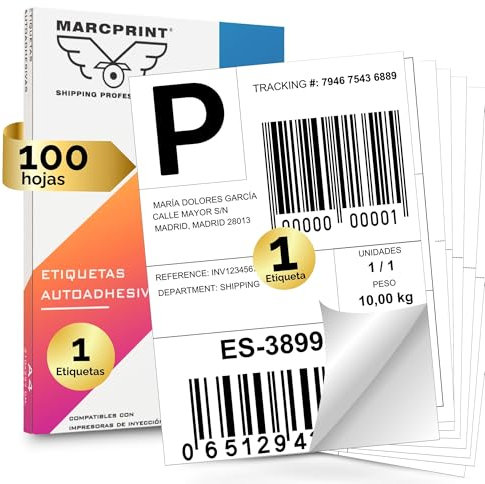MARCPRINT 210 x 297 mm Papel Pegatina para Imprimir A4 Hojas - Papel Adhesivo para Imprimir Etiqueta por Hoja - Papel de Pegatina para Imprimir - Papel Adhesivo A4 (100 hojas, 1 etiquetas/hoja)
