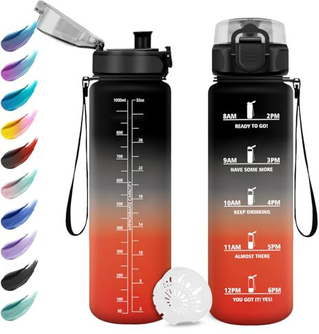 Trinkflasche 1L, Wasserflasche Sport mit Filte, Auslaufsicher Trinkflasche Kohlensäure Geeignet, Motivierende Trinkflasche mit Zeitmarkierung, Sportflasche für Yoga, Schule, Camping, Fahrrad, Büro