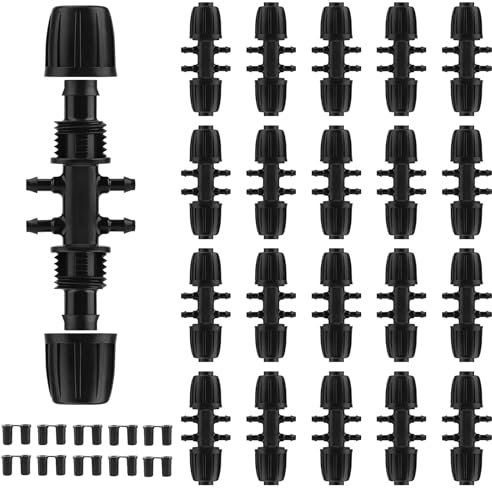 Rolcoassuns 20 Conectores en T de Púas de 1/2 a 1/4 para Tuberías de Riego, Adaptador Anticaída de 6 Vías con 20 Tapones para Sistemas de Goteo (Compatible con Diámetros de 14 mm y 4 mm)