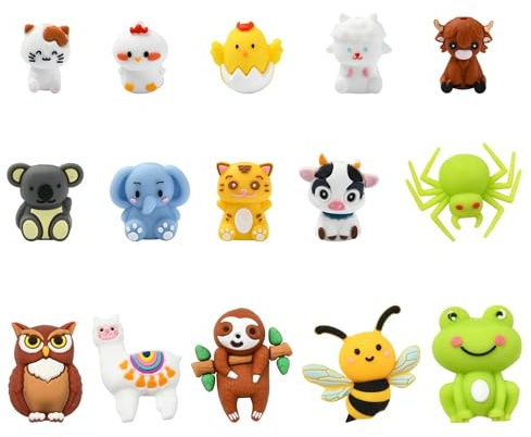 Stiesy Lot de 15 perles focales en silicone - 15 styles d'animaux 3D - Jolis bovins, araignées, abeilles, hibou, alpaga - Perles d'espacement en silicone pour la fabrication de colliers, porte-clés