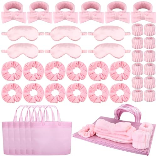 Lot de 42 accessoires roses sur le thème du spa pour fille avec bandeau en satin - Sac non tissé rose pour soirée pyjama - Cadeaux essentiels pour anniversaire, spa, enterrement de vie de jeune fille,