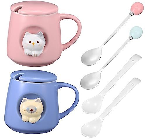 Cabilock Juego de 2 Tazas de Cerámica de 380 Ml con Adorables Formas de Animales en 3d Tapa Y Cuchara para Té