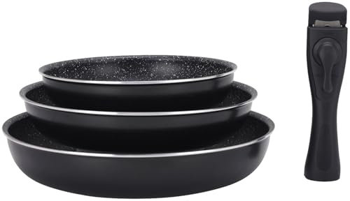 Tornwald-Schmiede Pfannenset: 4-teiliges Pfannen-Set, Ø 20, 24, 28 cm, 1 abnehmbarer Griff für alle (Pfannenset Induktion, Pancake-Pfannen Induktion, Mini Backofen)