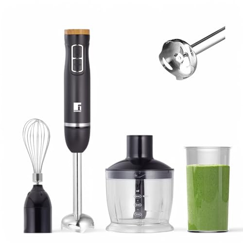 BERGNER OLIVAR | Stabmixer 1000 W im Set | 2 Geschwindigkeiten | Abnehmbare Edelstahlwelle | Zerkleinerer 600 ml | Rührstab & Messbecher 600 ml | Spritzschutz | Hohe Leistung | Schwarz & Holzoptik