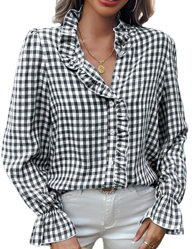 Womens Plaid Blouse Button Down Puff Sleeve Ruffle Neck Gingham Shirt Black