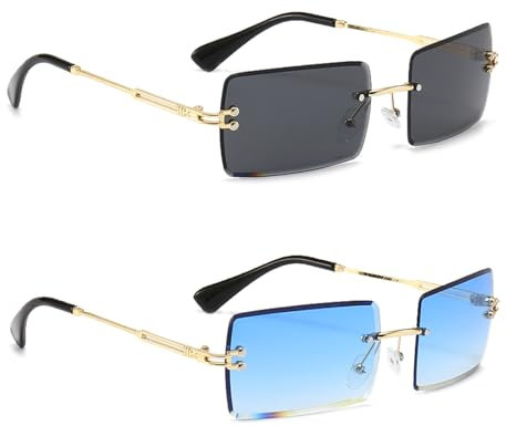XDGBGFN 2 Paar Retro Rechteck Rahmenlose Sonnenbrille Sonnenbrille 90er Style Brille Quadratische Rimless Sunglasses für Damen Herren (Blau&Schwarz)