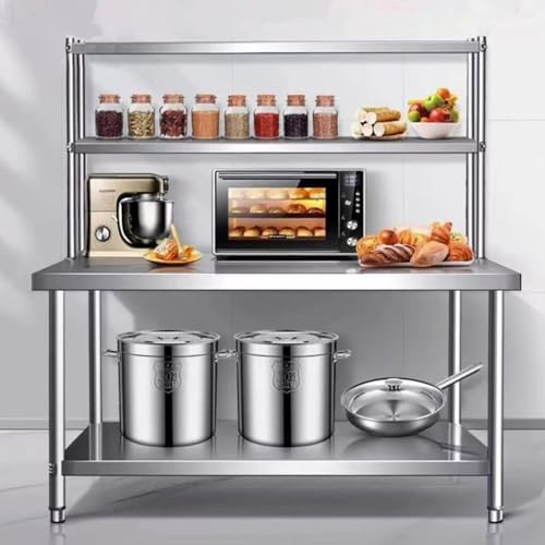Edelstahltisch Mit Offenem Sockel, 140 160 cm Hoher Küchenvorbereitungstisch Aus Metall Mit 2 Verstellbaren Ablageflächen, Große Doppelschichtige Arbeitstisch Werkbank(H 63/1.6m,59x27.6in/150x70cm)
