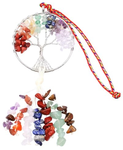 BIUDECO Pendentif Arbre de Vie en Pierre Naturelle 7 Chakras, Décoration Suspendue Intérieure et Voiture, Accessoire Chakra Coloré pour Maison et Auto, Ornement Spirituel en Pierre