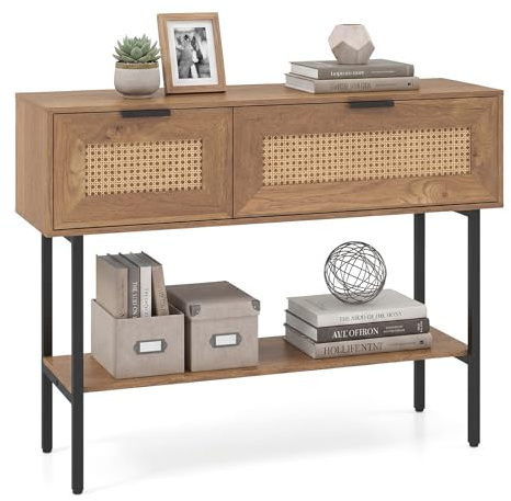 COSTWAY Consolle Ingresso a 2 Ripiani, Console Salvaspazio con 2 Scomparti, Finitura in Rattan PE e Kit di Antiribaltamento, Tavolo d'Ingresso per Corridoio, Salotto e Entata (Naturale)
