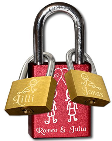 3Dglas Rotes Familien Liebesschloss (Familie, mit 2 Zusatzschlössern)| 1x 40mm (rot) + 2X 25mm (Messing, goldfarben)