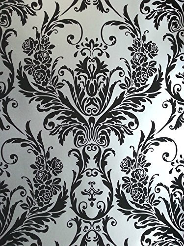 DEBONA Damask Medina Flock Effect Silver Black Feature Wall Wallpaper