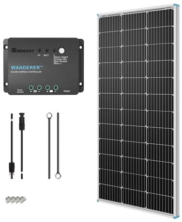 Renogy Solaranlage Basic-Starter Bausatz mit 100W 12V Monokristallin Solarmodul, Solarkabeln und 12V PWM SolarLaderegler Negativ-Erdung