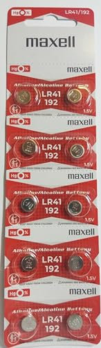Maxell 11716800 Lot de 10 piles bouton alcalines LR41 sans mercure 1,5 V