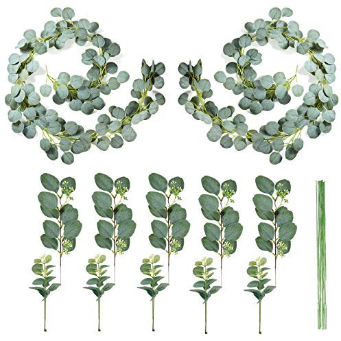 N|A Woohome 32 Stück Künstliche Eukalyptus Zweige, 2 Stück Künstliche Eukalyptus Girlande, 10 Stück Künstliche Silber Dollar Eukalyptus Büschen für Hochzeit, Garten, Haus Innendekoration
