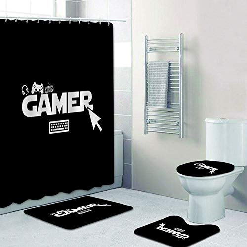 AIDEMEI Cooles Videospiel-Gaming-Geschenk für Gamer Not Geek Ich Bin EIN Gamer-Badezimmer-Vorhang-Set mit Badteppich-Teppich für Badewannen-Duschvorhang 180X180CM