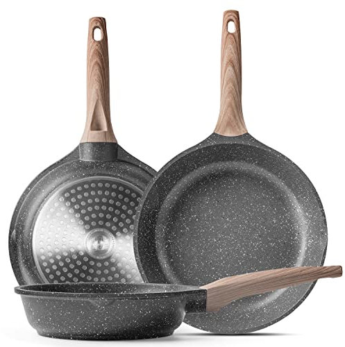 Caannasweis Sartén antiadherente de granito, sartenes antiadherentes para tortillas, sartén para huevos de tortilla, sartén de chef de piedra, compatible con inducción, sin PFOA (gris, 3 piezas)