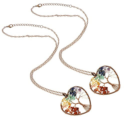 EXCEART 2 Pièces Coeur Forme 7 Chakra Arbre de Vie Fil Enroulé Pendentif Collier Guérison Pierre en Cristal Colliers Naturel Quartz Pierres Précieuses Bijoux pour Femmes Hommes