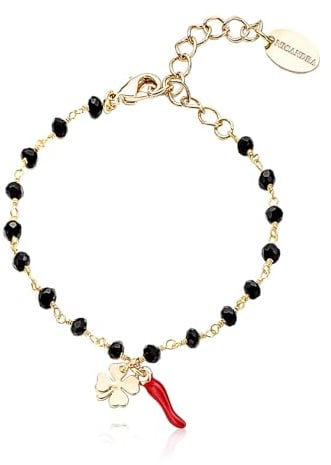 NICANDRA Bracciale Donna Oro o Argento - Gioiello con Ciondolo Portafortuna Cornetto Rosso e Quadrifoglio in Acciaio Inossidabile - Realizzato a Mano Regolabile da 16 a 22 cm - Made in Italy