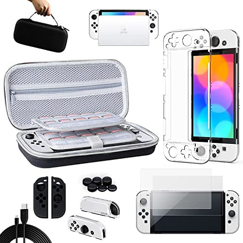 Benazcap Funda Accesorios para Nintendo Switch OLED,Nintendo Switch Funda, Protector de Pantalla,Funda Transparente OLED (Soporte de Base de Carga),Cable USB, Funda para Mando Joy