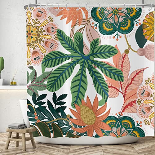 Duschvorhang Boho Blumen 180x180 cm, ASDCXZ Abstrakt Grün Tropischer Pflanzen Rosa Blumen Waschbar Bad Duschvorhänge Polyester Textil Wasserdicht Duschvorhang für Badewanne mit 12 Duschvorhang Hake