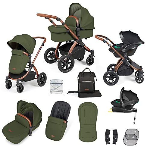 Ickle Bubba Stomp Luxe 12-Piece Travel System with i-Size Stratus Car Seat & ISOFIX Base – All-Terrain Pram, Pushchair, Carrycot, Footwarmer & Rain Cover, Birth to 4 Years* (Bronze/Woodland/Tan)