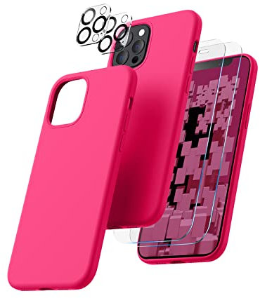 CALOOP 5 in 1 for iPhone 12 Pro Max Case 6.7,Liquid Silicone Case with 2 Pack Tempered Screen Protector + 2 Pack Camera Lens Protector,Slim Shockproof Phone Case with Microfiber Lining,Hot Pink