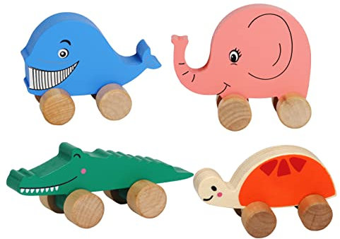 TOWO Holzautos für Kleinkinder – Tiere auf Rädern – Fahrzeuge, sensorisches Greifmotorik-Spielzeug – Push and Go First Trucks für Babys ab 12 Monaten