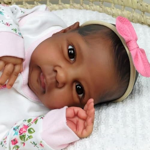 Anano Reborn Baby Puppen, 20 Zoll Zweirassisch Babypuppe Offene Augen Vinyl Gemischt Lebensechte Baby Puppen 50cm Dunkelbraune Haut Schwarz Realistische Babypuppen