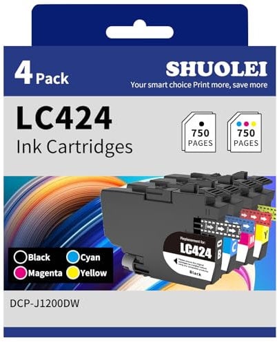 SHUOLEI LC424 Druckerpatronen Kompatibel mit Brother LC-424 Patronen Multipack, für DCP-J1200DW Drucker (4 Pack, Schwarz/Cyan/Magenta/Gelb)