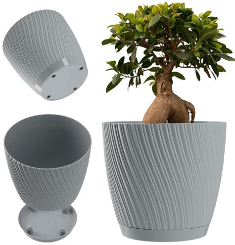 KADAX Pot de fleurs avec soucoupe - En forme de vague en trois dimensions - En plastique - Pot décoratif pour fleurs, cactus et herbes (17 cm, gris)