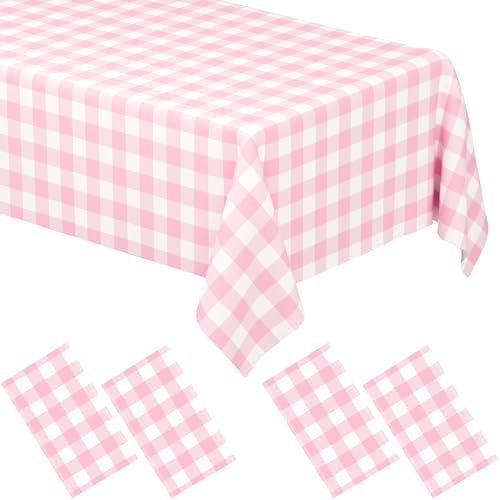 4 Pack Pink Gingham Tablecloth Rectangular Pink and White Checkered Tablecloths Disposable Plastic Pink Plaid Table Cover for Parties, Outdoor Picnic, Birthday, Wedding, Camping 54 × 108 Inch