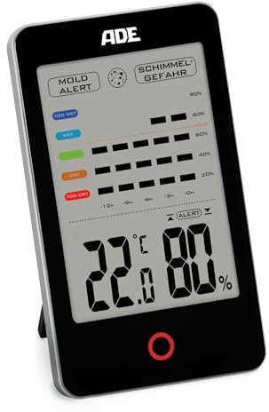 ADE Igrometro digitale con allarme muffa | Termometro con visualizzazione precisa della temperatura | Umidità con cronologia di 12 ore | Ampio display LCD | Funzionamento a batteria | Nero