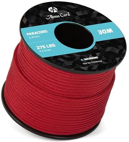 Abma Cord Paracord 275 Nylon Seil 2,4mm 30m Schnur mit 4 Kern für Basteln, Camping, Survival - Max. 125kg (275lbs) - Rot