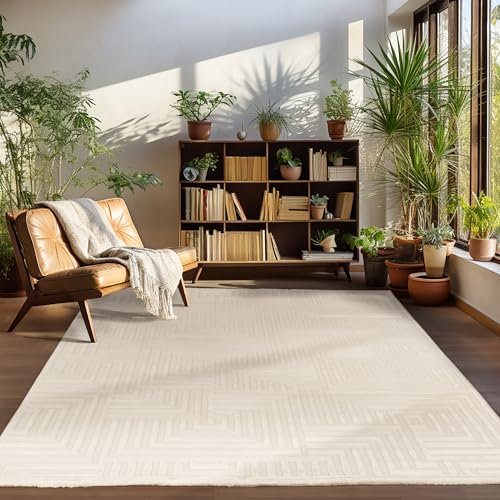 Carpettex Kurzflor Teppich Läufer Flur Wohnzimmerteppich Creme 80 x 150 cm Teppich Skandinavisch Stil Teppich 3D Effekt - Waschbarer Bettvorleger Schlafzimmer Küchenläufer Geometrisches Muster Weich