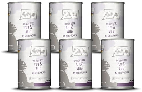 MjAMjAM - Premium Nassfutter für Katzen - DUO von guter Pute & Wild an Apfelstückchen, 6er Pack (6 x 400g), getreidefrei mit extra viel Fleisch