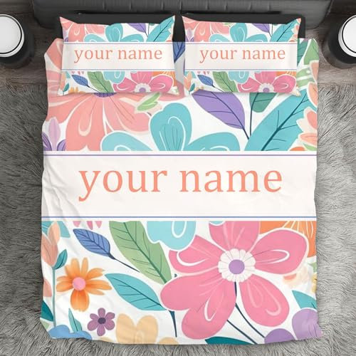 WEQEER Personalisierte Bettwäsche mit Name Text, Individueller Retro Blumen Bettbezug mit Text, 3D Drucken Rose Bettbezug, Personalisiert Geschenke für Partner Familie (Single 140x210CM)