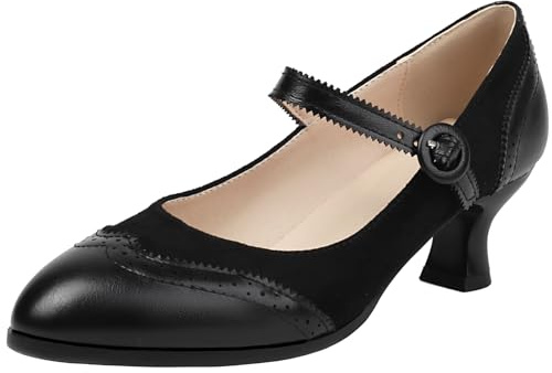 Smilice Women's Retro Mary Jane Shoes Mid Block Heel Court Shoes with Buckle