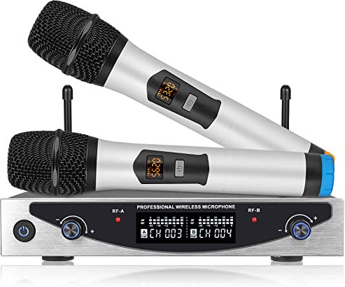 YGiTK Microfono Wireless UHF 2 Canali Professionale, Doppia Antenna per Karaoke/Feste/Conferenza/DJ, Distanza 80m, Design Metallico