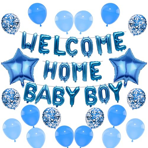Welcome Home Baby Boy Luftballons, 38 Stück Welcome Home Dekorationen, inklusive blauen Buchstaben-Folienballons, Stern-Folienballons, Pailletten-Ballons, Latex-Luftballons für Babyparty,