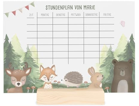 Stundenplan mit individuellem Motiv & Namen, abwischbar, Geschenk zur Einschulung - optionaler Holzaufsteller, DIN A4 mit Stift (Waldtiere transparent)