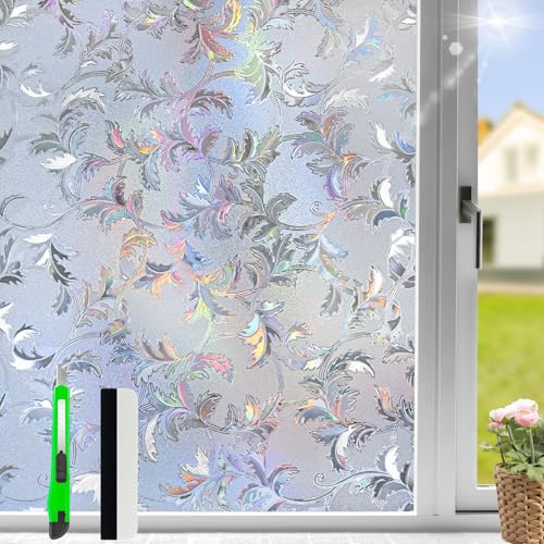 HOMTOL Milchglasfolie Selbstklebend Fenster, 90x400cm Sichtschutzfolie Fenster, Fensterfolie Regenbogeneffekt, Blickdichte Fensterfolie für Glastüren Milchfolie Selbstklebend, Kälteschutzfolie