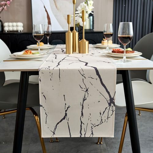 Jayusaror Tischläufer Modern Herbst Weiß und Grau Leinen Marmor Goldene Textur Abstrakte Kunst Waschbarer Tischläufer für Kaffee, Esszimmer, Kommode, Beistelltisch, Schlafzimmer, 33 x 183 cm