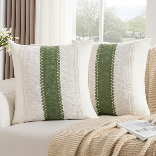 DakTou Boho Kissenbezug Baumwolle Grün Sofakissen Dekokissen Kissenhülle Gewebt Strukturiert Moderner Bauernhaus Vintage Kissenbezüge 50x50 2er Set für Sofa Schlafzimmer Wohnzimmer