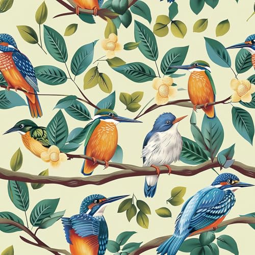 ANLIKY-Pro Papier peint autocollant motif loriot sur branches fleuries, 44X600CM papier de contact autocollant, fond jaune clair, film décoratif amovible pour meubles d'armoire