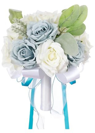 SWLECA Ramo De Flores para Novia - Bouquet di rose finte bianco avorio, elegante composizione floreale per damigella d'onore o decorazione di nozze (azzurro)